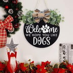 Welcome We Hope You Like Dogs Farmhouse Door Sign for Front Door Porch Decor with Eucalyptus Leaves & Buffalo Bow - Welcome Wreath Sign Hanging for Dogs Lovers Spring Summer Decor Housewarming Gift