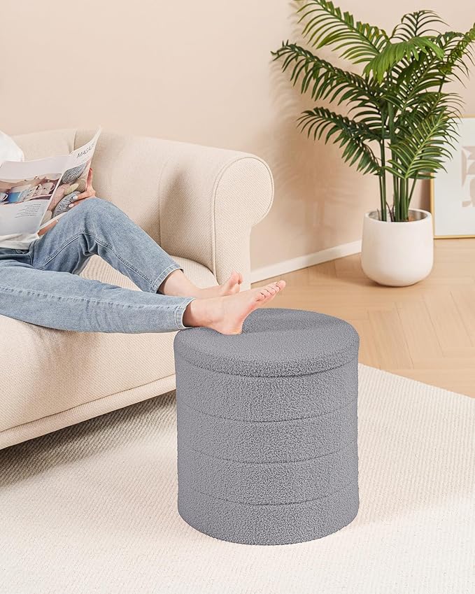 B FSOBEIIALEO Ottoman with Stroage, Round Sherpa Storage Ottoman Stool, Boucle Foot Rest 16.9"x16.9"x17.7"（Grey