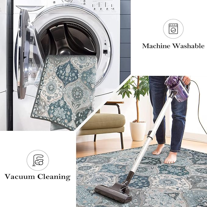 Lahome Moroccan Trellis Washable Round Area Rug, Soft Round Rugs 6ft Ultra-Thin Non-Slip, Vintage Large Circle Carpet for Bedroom Living Room Kitchen Nursery, Blue