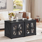 Farmhouse End Table with Charging Station Set 2, 24" Large Sofa Side Table with Glass Barn Door, Nightstand with Adjustable Storage Shelf,Wood Square Bedside Table for Living Room,Bedroom