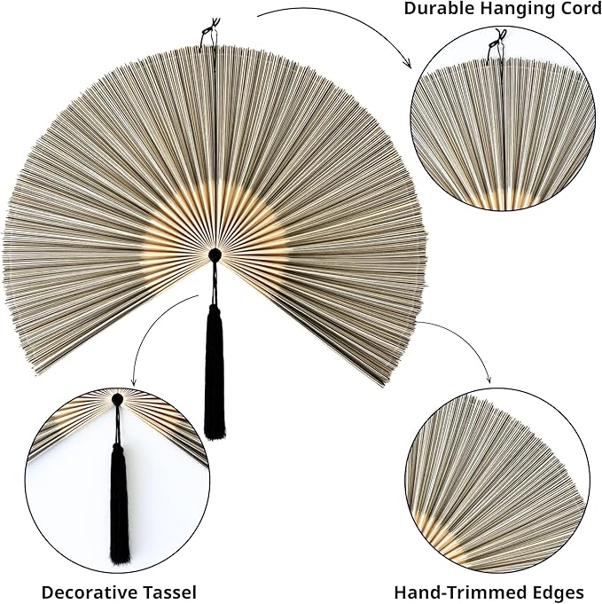 Fan Wall Decor, Japanese Giant Fan, Large Bamboo Fan Wall Art For Boho Hanging Headboard, Decorative Folding Fans For Over Bed, Asia Trending (Gray 60inch)
