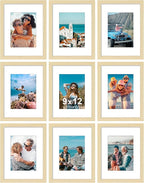 Vittanly 9x12 Picture Frames Set of 9, Shatter Resistant Plexiglass, Display 6x8 Pictures with Mat or 9x12 without Mat, Photo Frames for Wall or Tabletop, Engineered Wood, OAK