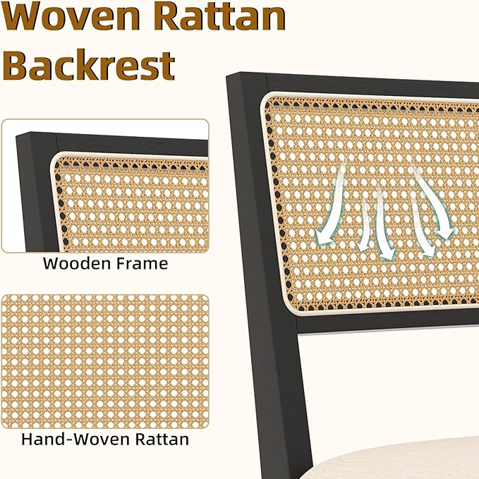 Westice Rattan Dining Chairs Set of 2, Farmhouse Natural Dining Room Chairs with Upholstered Cushion, Wood Armless Chairs for Kitchen/Restaurant, Black