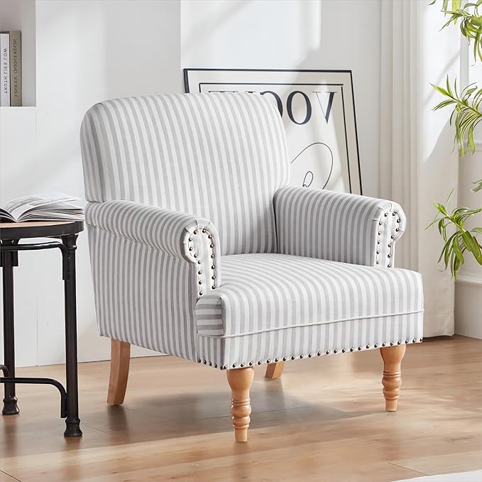 HUIMO Linen Fabric Accent Chair, Mid-Century Modern Armchair with Solid Wood Legs, Single Sofa Chair,Upholstered Reading Club Chair (1, Grey and White Stripe)