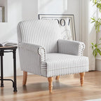 HUIMO Linen Fabric Accent Chair, Mid-Century Modern Armchair with Solid Wood Legs, Single Sofa Chair,Upholstered Reading Club Chair (1, Grey and White Stripe)