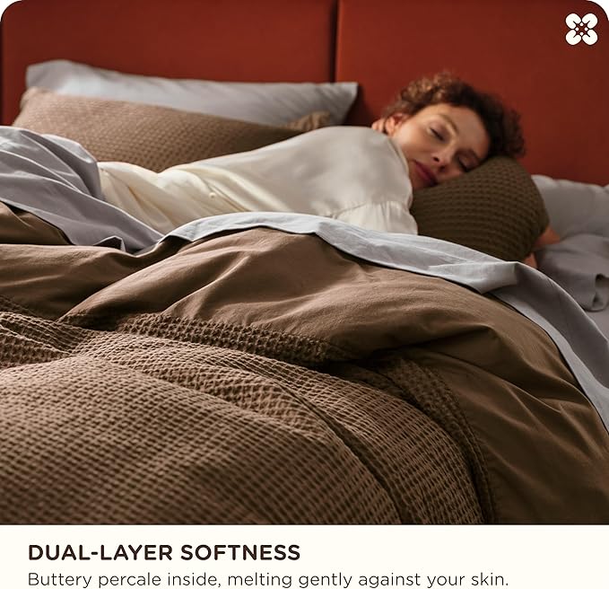 Bedsure Cotton Duvet Cover Queen Size - 100% Cotton Waffle Weave Brown Duvet Cover Queen Size, GentleSoft™ and Breathable Bedding Set for All Season, 3 Pieces, 90"x90"