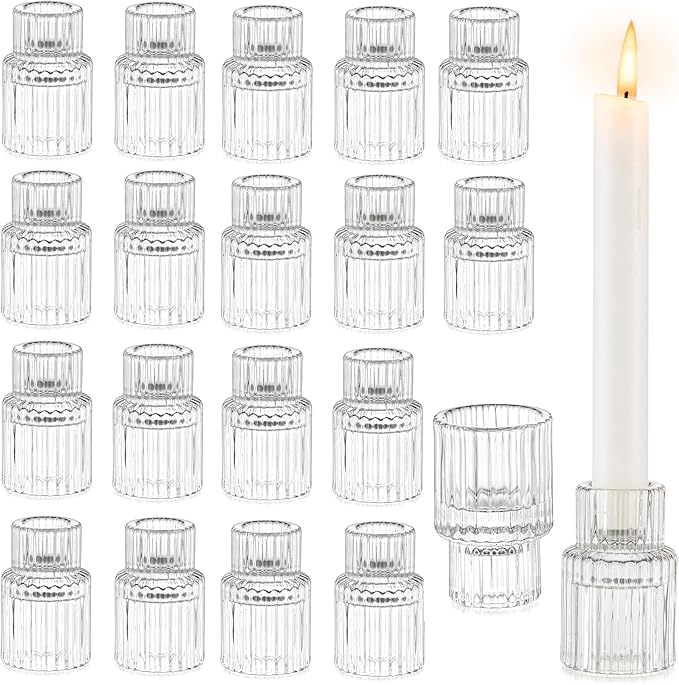 Glasseam Glass Candle Stick Holder: Small Candlesticks for Taper Candles, Bulk Set of 20, Mini Crystal Clear for Wedding Centerpieces Party Decorations