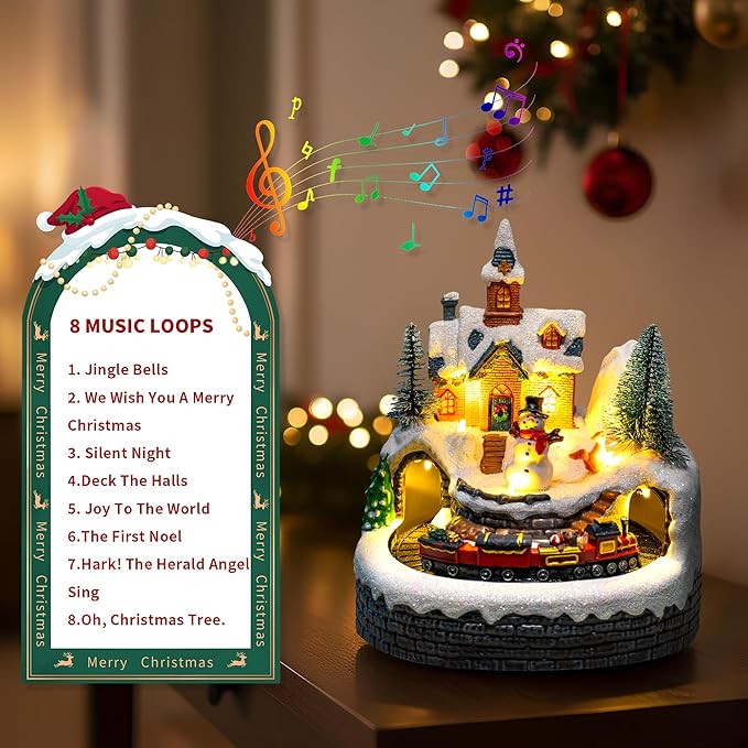 Animated Musical Christmas Village Figurines - Church Building and Snowman Statues with Rotating Train, LED Lights and Music - Battery & USB Powered Xmas Gifts and Festive Home Collection Decorations