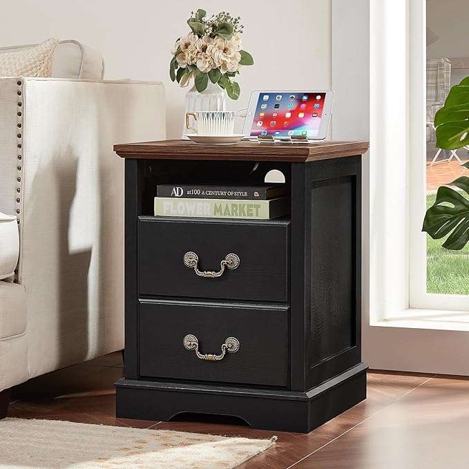 Farmhouse Nightstands with Charging Station，18" End Table with 2 Drawers，Farmhouse Nightstand with Vintage Handles, Bedside Cabinet for Bedroom for Bedroom, Living Room,Black