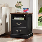 Farmhouse Nightstands with Charging Station，18" End Table with 2 Drawers，Farmhouse Nightstand with Vintage Handles, Bedside Cabinet for Bedroom for Bedroom, Living Room,Black