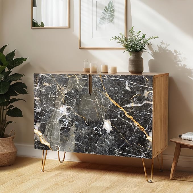 SIGNWIN Sideboard Buffet Cabinet, Kitchen Storage Cabinet with 2 Doors, Black & Gold Marble Granite Patterns, Cupboard Console Table for Dining Room - 35" L x 18" W x 29" H
