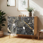 SIGNWIN Sideboard Buffet Cabinet, Kitchen Storage Cabinet with 2 Doors, Black & Gold Marble Granite Patterns, Cupboard Console Table for Dining Room - 35" L x 18" W x 29" H