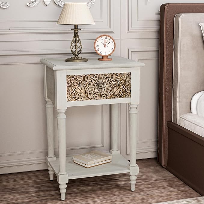 HOMPUS End Table Set of 2 with Drawer and Shelf, Vintage Nightstand Set 2 w Pattern Drawer, White Bedside Table, Accent Nightstand Organizer for Living Room, Bedroom, Easy to Assemble, Distress White