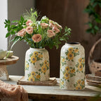 Levvohd Vintage Ceramic Vase, 7.9 Inch Chinoiserie Sunflower Yellow Floral Vases, Retro Ice Cracked Rustic Antique Flower Vases for Modern Coffee Table Home Decor (Medium Cylinder)