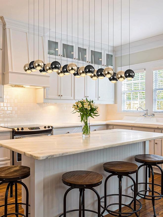 Rectangular Chandelier Crystal Balls Chandeliers Flush Mount Ceiling Light for Dining Room Living Room High Ceiling Chandelier for Staircase Foyer Entryway Black and Gold Chandeliers 2700k-6000k