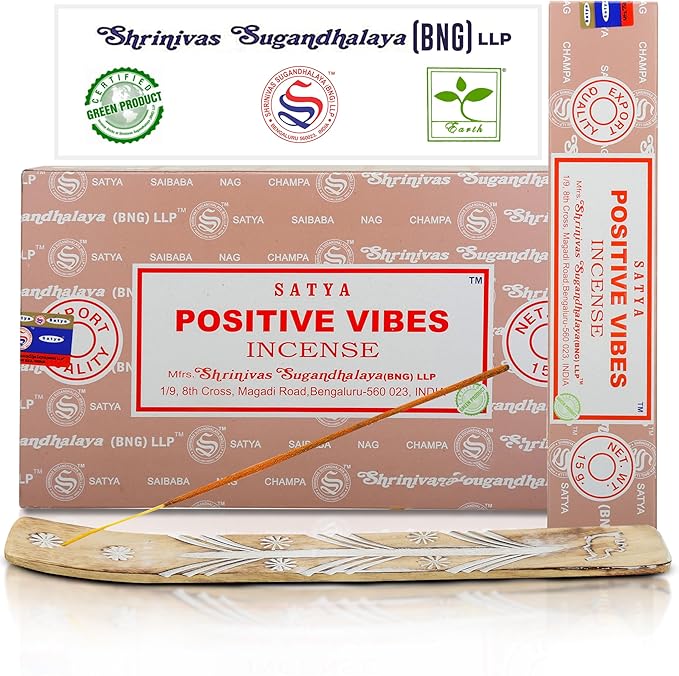 Satya Positive Vibes Incense Sticks, Satya Bng (Bangalore) Insenses 15gmx12 Pack with Raajsee Incense Holder Bundle, Satya Nagchampa Natural Incense