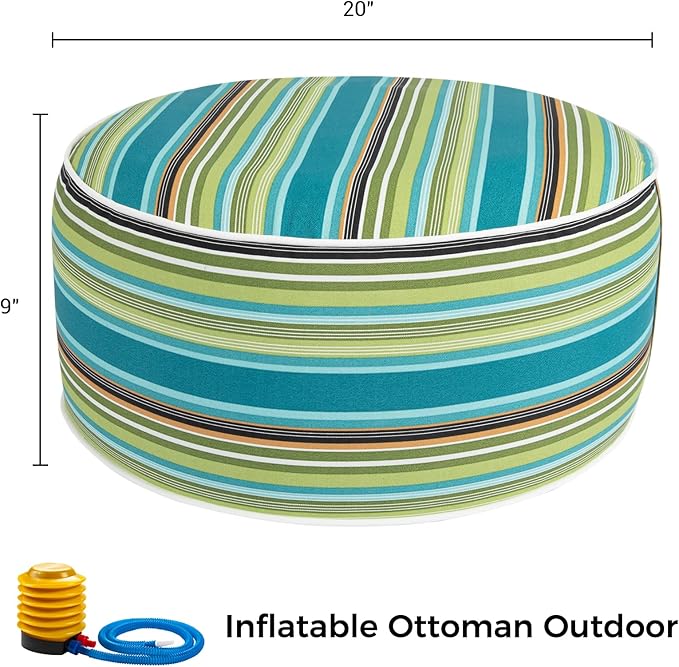 FUNHOME Inflatable Outdoor Ottoman with Air Pump,20"x9" Portable Patio Pouf,Water Resistant,Fade-Resistant,Round Blow Up Footrest Stools for Home Garden Camping Travel(Green Stripe)