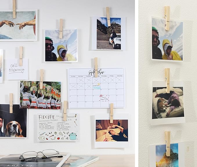 20 Pack Wood Photo Clips with Adhesive Layer 2.8'' for Wall, Art Holder, Mood Wall, Picture Holder, Poster Hanger, Dorm Room Decor, Photos Display