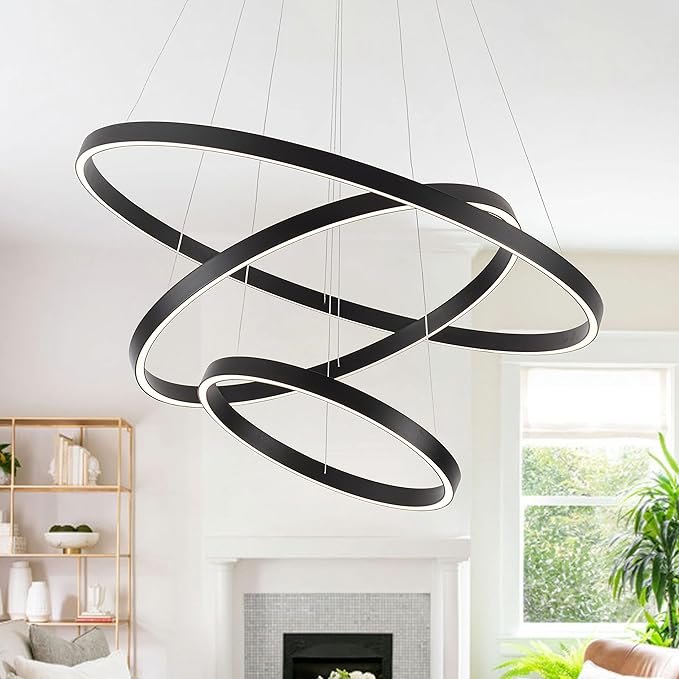 Modern Pendant Chandelier, 15.7"-31.4" Black, 3000K High Ceiling Foyer Entryway Light