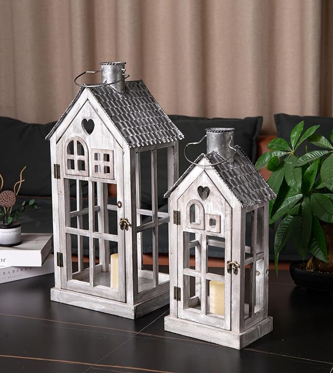 Large Farmhouse Wooden Metal Candle Lantern Set of 2, Rustic Decorative Floor Lanterns, Indoor/Outdoor Village Houses Lantern for Home Decor (No Glass)