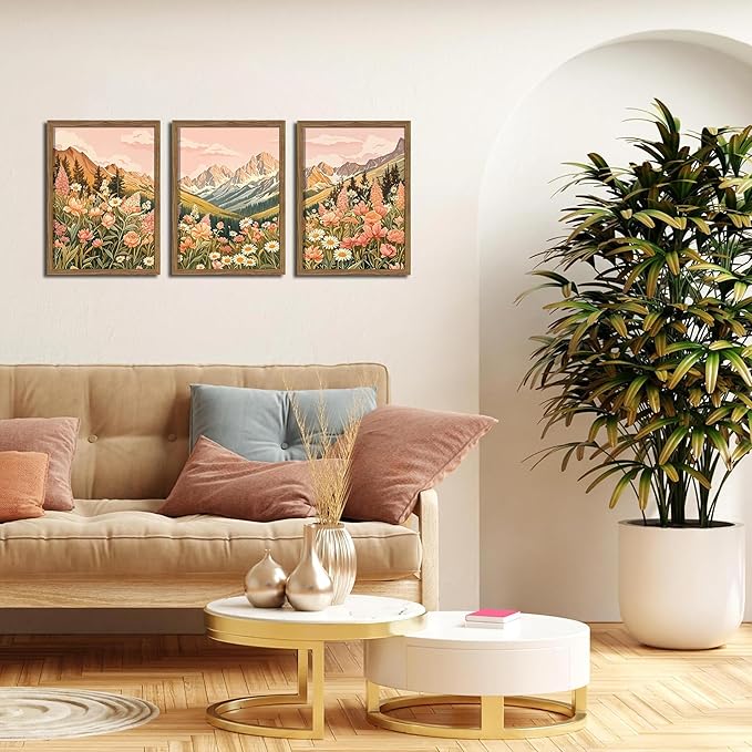 MUWAK Framed Mountain Landscape Canvas Wall Art Set of 3 – Rustic Wildflower and Sunset Nature Prints, Boho Floral Artwork Wall Decor with Wooden Frame for Living Room Bedroom Home Decor – 12x16in