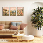 MUWAK Framed Mountain Landscape Canvas Wall Art Set of 3 – Rustic Wildflower and Sunset Nature Prints, Boho Floral Artwork Wall Decor with Wooden Frame for Living Room Bedroom Home Decor – 12x16in