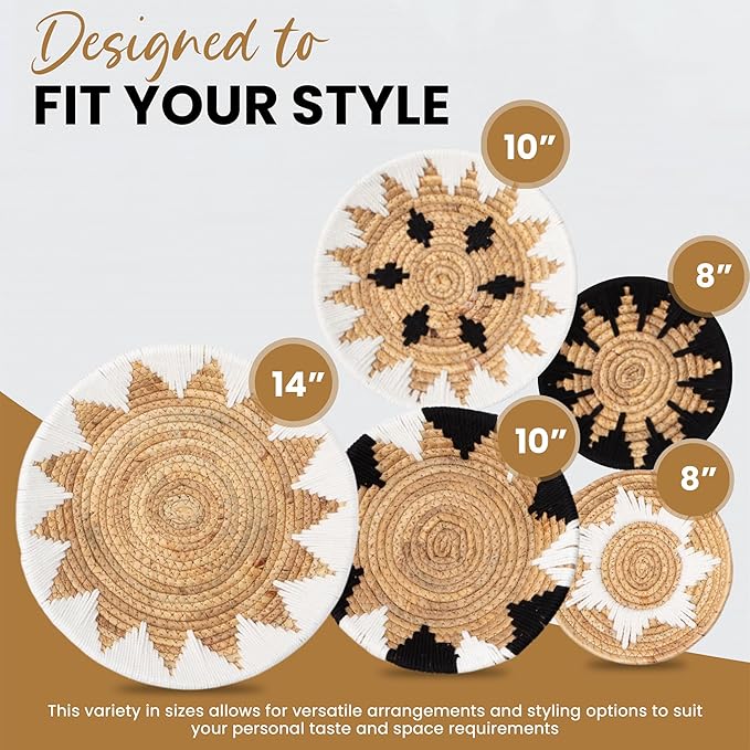 Tebie At Home Boho Wall Art - Boho Wall Baskets Decor - Handmade Set of 5 Woven Baskets With Seagrass - Flat Elegant Art for Farmhouse and Rattan Decor for Living Room, Bedroom and Office