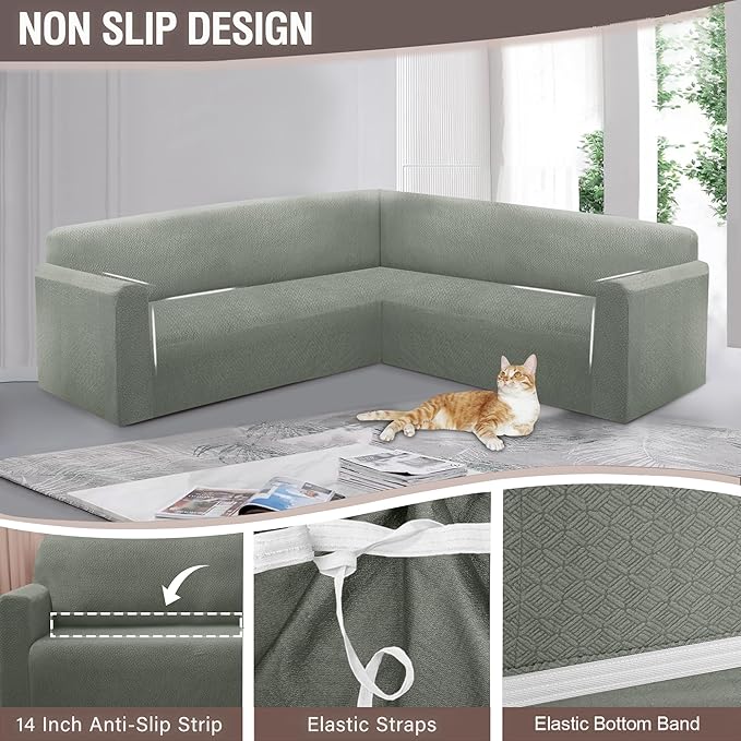 HDCAXKJ Sectional Couch Cover L Shape Stretch Sofa Covers Washable Jacquard Corner Couch Slipcover Non Slip Sectional Slip Cover U Shaped Furniture Protector for Pets Dogs (Grayish Green, Medium)