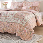 Yvooxny Quilts California King Patchwork Pink Floral Quilt Set Vintage Shabby Chic Botanical Quilted Bedspread 3-Piece Quilt Set with Ruffles for All Seasons, California King, 118 * 110 Inches