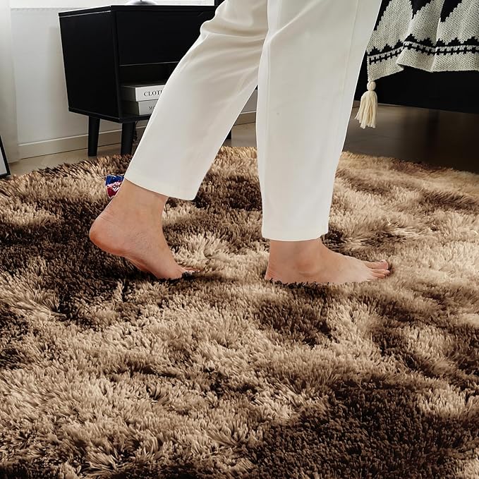 Tie-Dyed Coffee Fluffy Round Rug,Soft Area Rugs for Girls Room,Shaggy Rugs 4'X4' for Living Room,Non Slip Circle Rug for Kids Bedroom,Shag Plush Nursery Carpets,Fuzzy Rug for Dorm,Room Decor Carpet