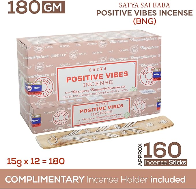 Satya Positive Vibes Incense Sticks, Satya Bng (Bangalore) Insenses 15gmx12 Pack with Raajsee Incense Holder Bundle, Satya Nagchampa Natural Incense