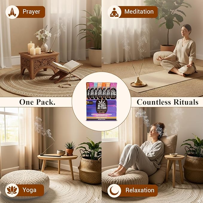 Tulasi Blunt Action Incense Sticks, 12 Packs, 144Pc, Long Lasting Fragrance, Natural Essential Oils Hand Rolled Incense Sticks for Aromatherapy, Relaxing, Yoga, Meditation, Prayer