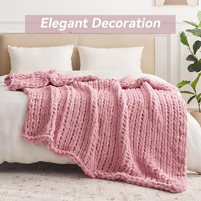 Chunky Knit Throw Blanket, 50''*60'' Knitted Throw Chenille Yarn for Bed Couch, Handmade Light Pink Crochet Big Thick Blanket, Machine Washable Cute Comfy Blanket for Home Decor