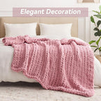 Chunky Knit Throw Blanket, 60''*80'' Knitted Throw Chenille Yarn for Bed Couch, Handmade Light Pink Crochet Big Thick Blanket, Machine Washable Cute Comfy Blanket for Home Decor