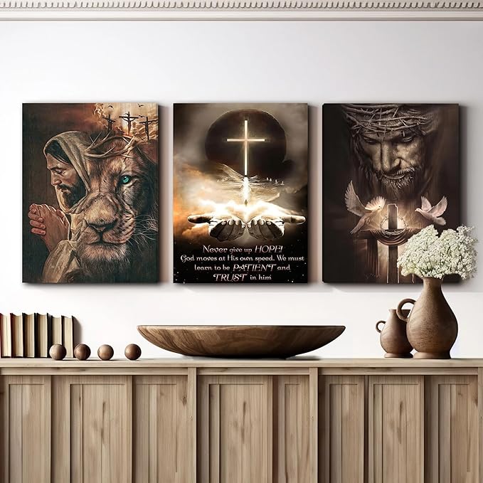 Fantasy Artists 3Pcs Jesus Wall Art, Christian Wall Decor for Biblical Room, Unframed Canvas Painting Prints, Religious Art Posters for Church Living Room Bathroom, 16" X 24"