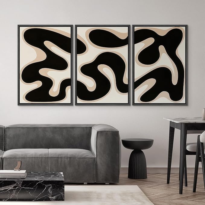 SIGNWIN Framed Canvas Print Wall Art Modern Abstract Organic Shapes Black and Beige Fluid Pattern Photography Modern Art Minimalist Black and White for Living Room, Bedroom, Office - 24"x36"x3 Black