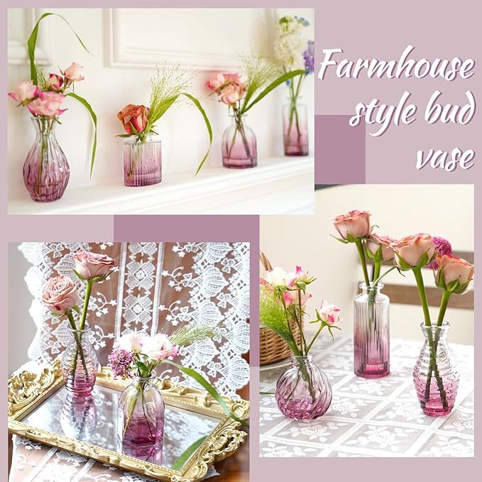 Bud Vases 24 in Bulk, Small Purple Vase Glass Vases for Flowers Vintage Ribbed Colored Wedding Flower Vase for Decor in Bulk Decor Bridal Shower Centerpieces Home Table Decoration