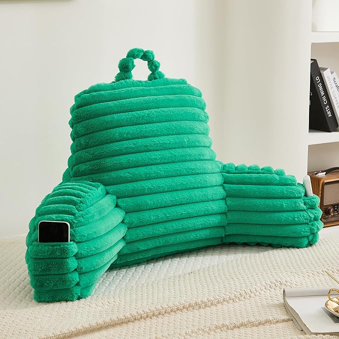 Faux Fur Fluffy Emerald Reading Pillow with Pockets, Luxury Striped Plush Decorative, Arm Rests and Back Surport for Bed Rest, Lounging on sofa, Large