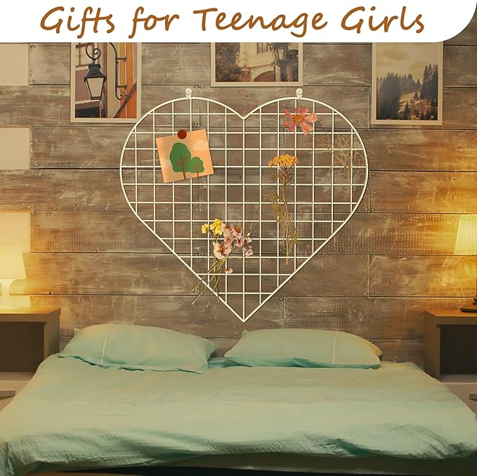Grid Photo Wall Panels - 22.4"x20.4" Heart Shape Iron Rack Art Wire Board, Wall Grid Organizer, DIY Photo Frame for Home, Office, Kitchen, Bedroom, Christmas Gifts - White