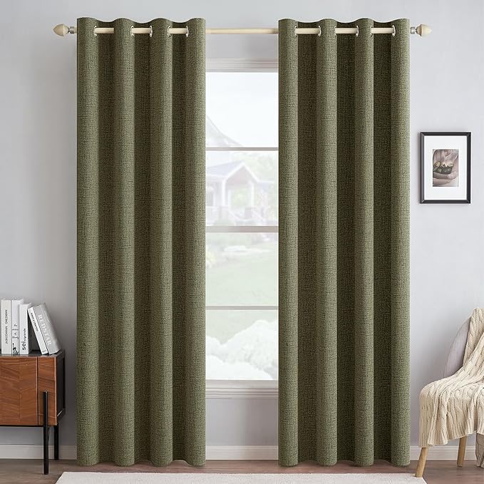 MIULEE Linen Texture Curtains for Bedroom Solid 100% Blackout Thermal Insulated Light Olive Green Curtains Grommet Room Darkening Drapes for Living Room Nursery 52x84 Inch (2 Panels)