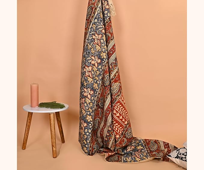 Handmade Cotton Floral Throw Blanket | Indian Block Print with Tassels | Boho Fringed Sofa & Bed Cover | 48x70 Inches Lightweight Decorative Throw for Couch, Living Room & Bedroom