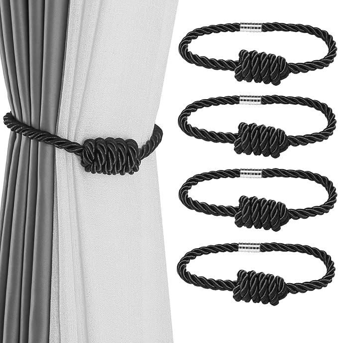 Fenghuangwu 4Pack Magnetic Curtain Tiebacks – Bohemian Style Handmade Woven Tie-Backs for Drapes,Elegant Exquisite Knot Holdbacks,Outdoor Boho & Modern Home Decor（Black