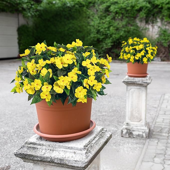 Artificial Impatiens Bouquet Flowers for Outdoors Silk Faux Flowers for Outdoor Impatiens Plants Decor Indoor Planters Kitchen Planters and Balcony Decorations 4PCS (Yellow)