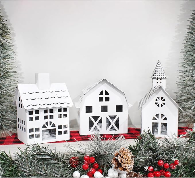 AuldHome Design Farmhouse Christmas Village Collection #2 w/Church, Barn and School (Set of 3, White); Candle Lantern Decorative Christmas Town Display