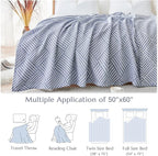 jinchan Boho 100% Cotton Blanket Muslin 50x60 Inches Lightweight 3-Layer Geometric Square Striped Pattern Reversible Quilt Throw Soft Breathable Comfy All Seasons for Couch Bed Decor, Blue
