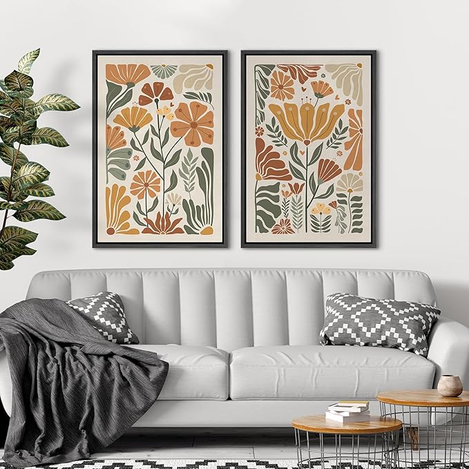 SIGNFORD Framed Canvas Print Wall Art Set Vintage Flower in Pastel Illustration Modern Art Decorative Nordic Nature for Living Room, Bedroom, Office - 16"x24"x2 Black