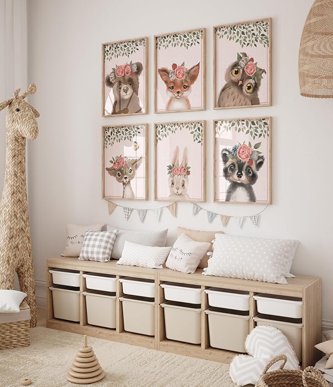 Woodland Animals Nursery Wall Art Prints (Set of 6) - Unframed - 8x10s | Set Includes Bear, Fox, Owl, Deer, Bunny Rabbit, and Raccoon wearing Floral Crowns