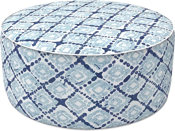 LVTXIII Outdoor Inflatable Ottoman, Fade-Resistant Round Footrest Stool D31”x H14”, Portable Patio Pouf for Garden Camping or Home Use, Boho Geometry Blue