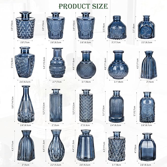 Glass Bud Vases Set of 20, Small Flower Vase in Bulk for Centerpieces, Mini Vintage Blue Vases for Rustic Wedding Vintage Home Table Decor