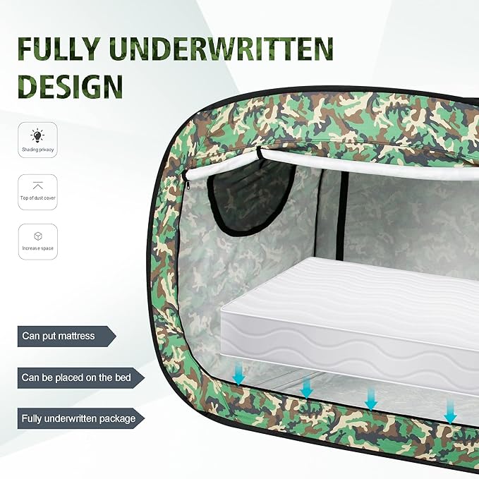 Bed Tent Twin Bed Canopy Portable Dream Tent for Adult Indoor Sleeping Tents with 2 Doors Breathable Private Space Tents, Green Camouflage